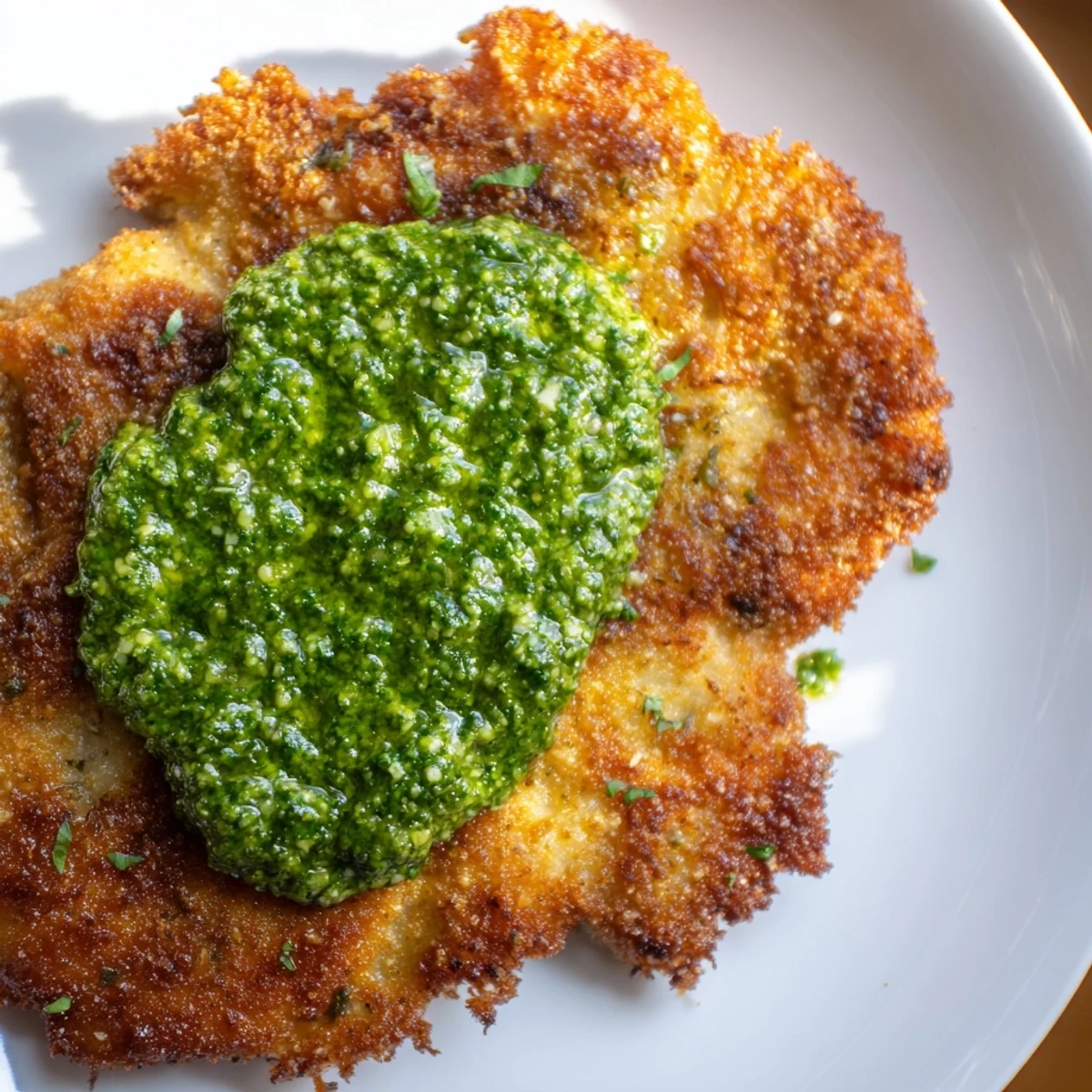 A beautifully plated serving of Italian crispy chicken cutlets drizzled with homemade basil pesto and garnished.