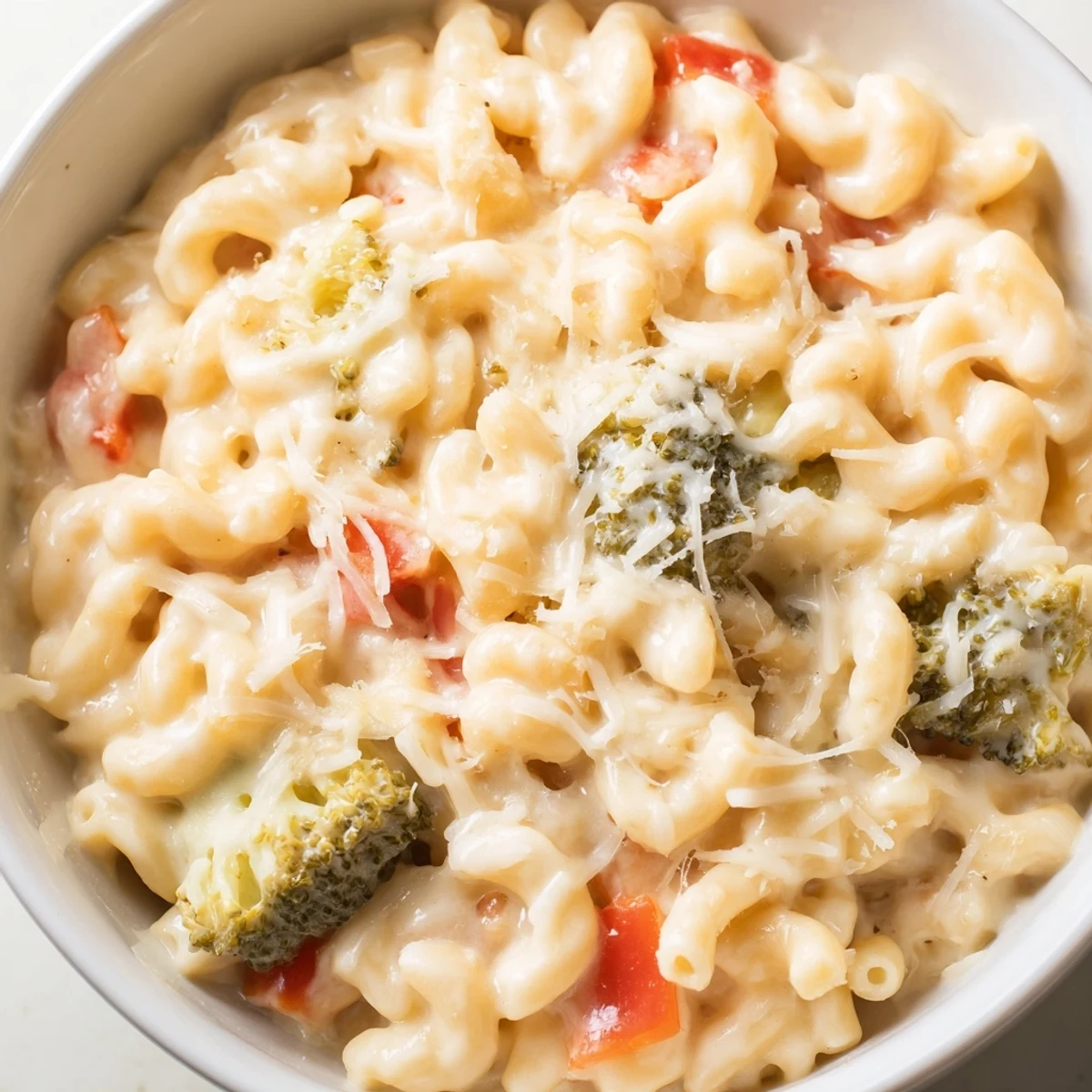 Golden roasted red bell peppers, zucchini, and broccoli meld into a creamy cheddar cheese sauce coating tender elbow macaroni.  