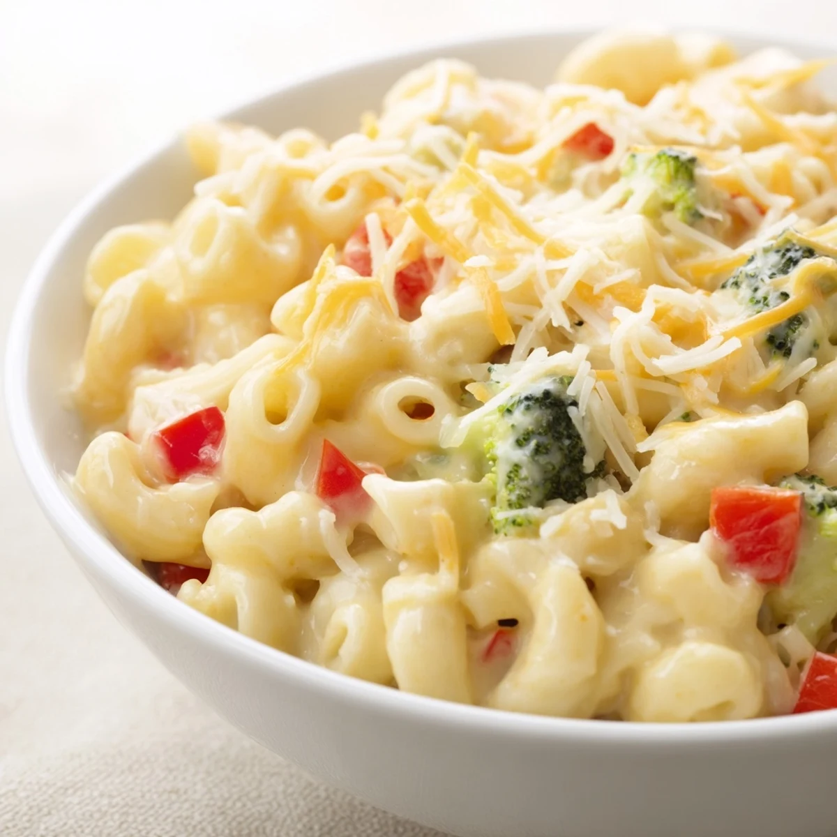 This hearty Roasted Veggie Mac & Cheese features a golden, baked top with colorful vegetables in every satisfying forkful.  