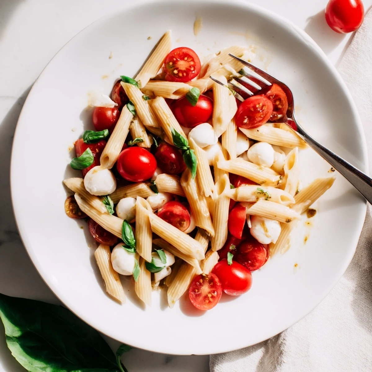 Steamed al dente penne swirls with cherry tomatoes, creamy mozzarella pearls, and fresh basil in this Caprese Salad Pasta.