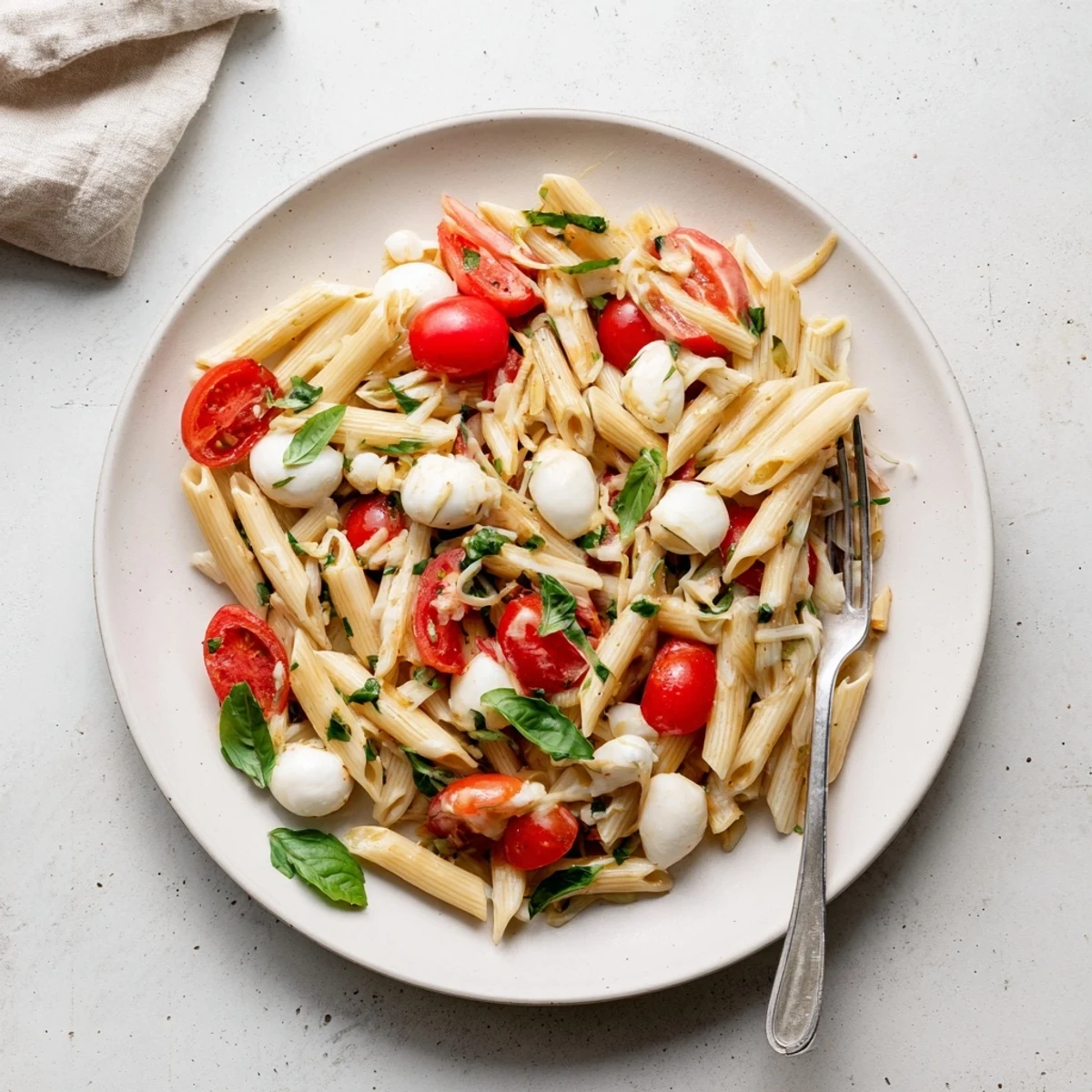 A vibrant bowl of Caprese Salad Pasta glistens with olive oil and optional balsamic glaze on a rustic table.