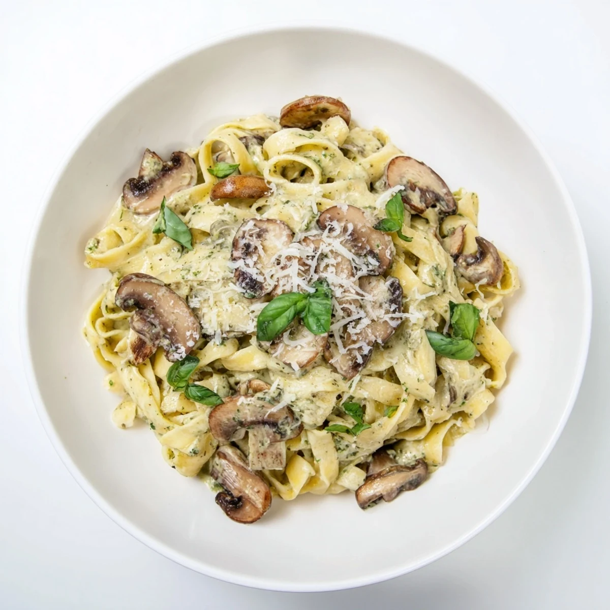 Creamy mushroom pesto pasta twirls on a fork, showcasing sautéed cremini mushrooms and fresh basil garnish.