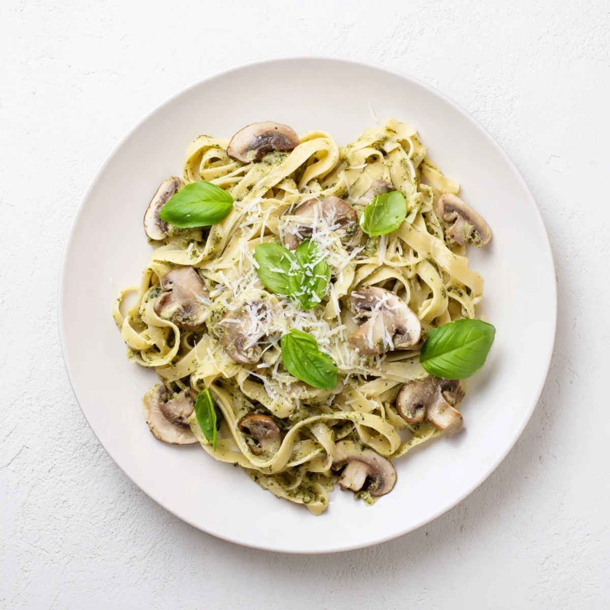 A hearty bowl of mushroom pesto pasta, served warm with extra Parmesan and a glass of white wine.