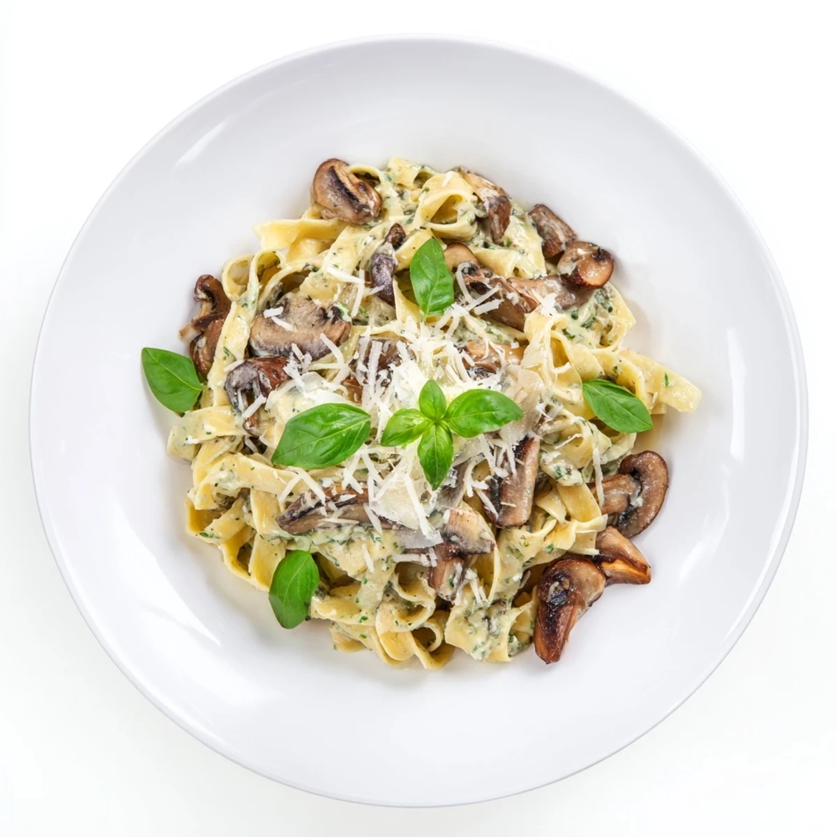 Close-up of golden sautéed mushrooms in a rich, creamy pesto sauce tossed with penne pasta.