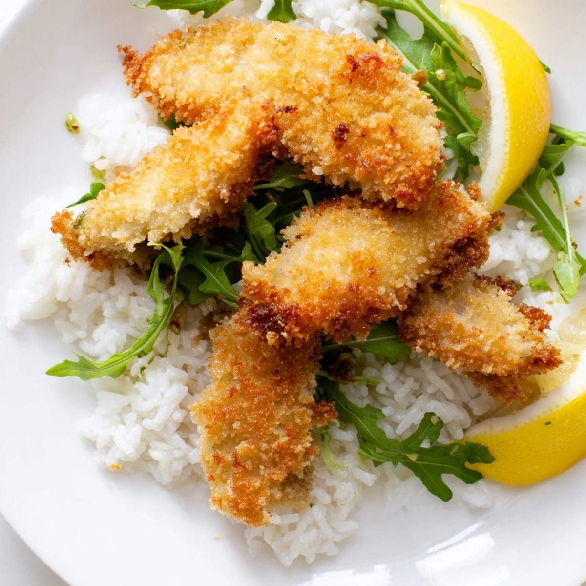 Crispy Parmesan Chicken Cutlet Bowl with golden-brown cutlets layered over warm rice and peppery arugula.