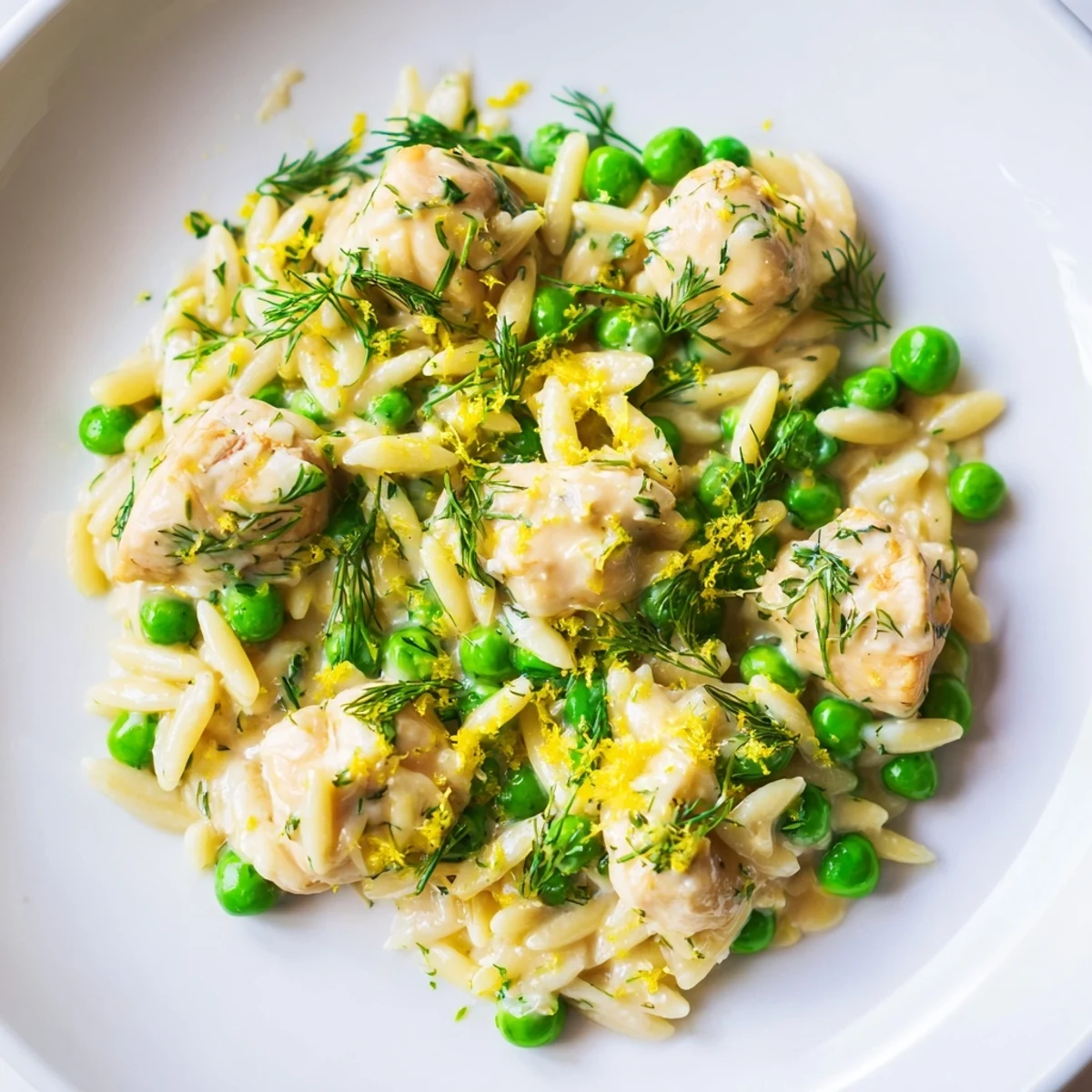 A close-up view highlights the textures of juicy chicken, creamy orzo, and vibrant peas in this easy, weeknight Lemon Herb Chicken Orzo Skillet recipe.