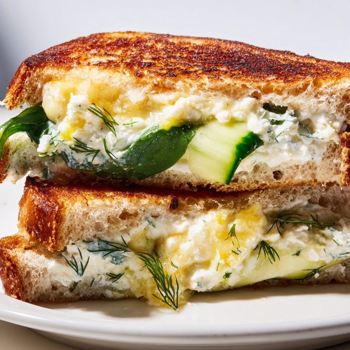 Melted Whipped Feta Spring Grilled Cheese with vibrant dill and lemon zest, served beside a glass of sparkling lemonade.