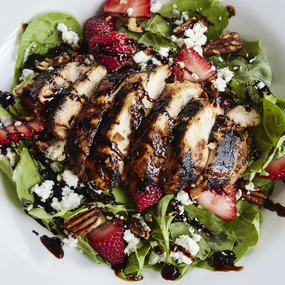 A close-up shows creamy feta crumbles and a tangy balsamic glaze drizzled over vibrant summer salad ingredients.