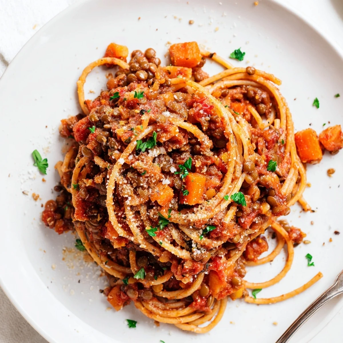 A bowl of vegetarian Lentil Bolognese with tender lentils in tomato sauce, ready to enjoy for dinner.