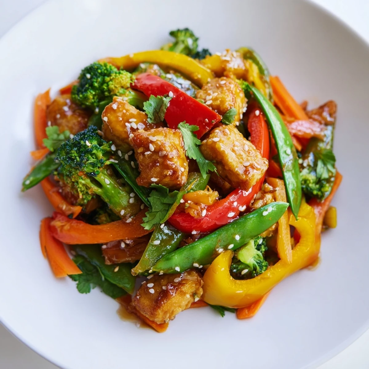 Golden-brown tempeh cubes and crisp, colorful vegetables like broccoli, bell peppers, and carrots in a glossy, savory sauce, served in a white bowl for a vibrant stir-fry.