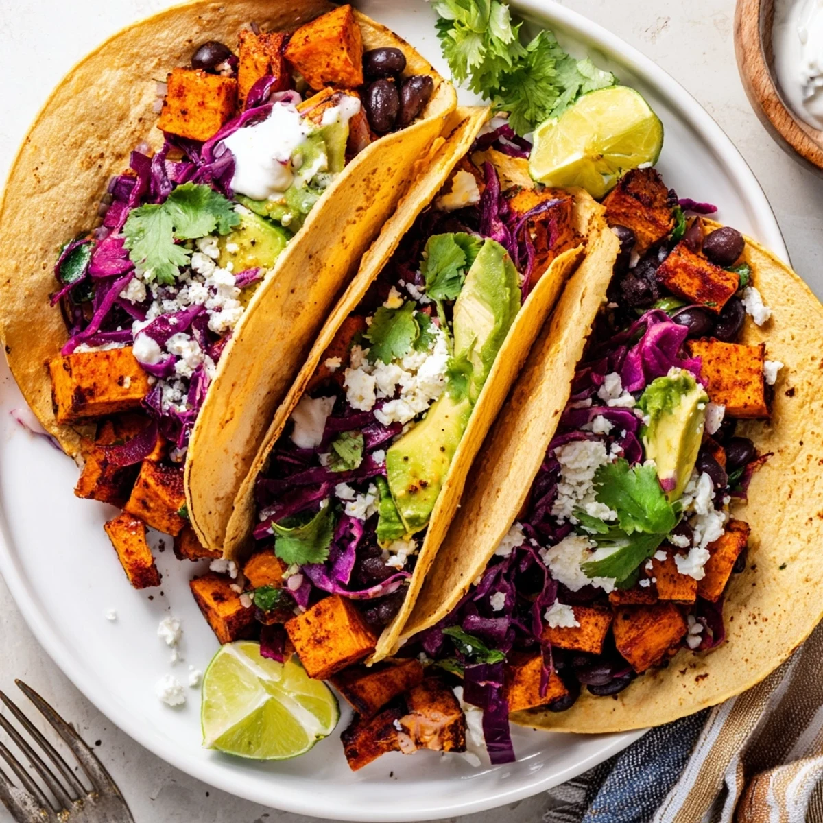 Black bean and sweet potato tacos filled with roasted sweet potatoes and black beans, topped with avocado and cilantro.