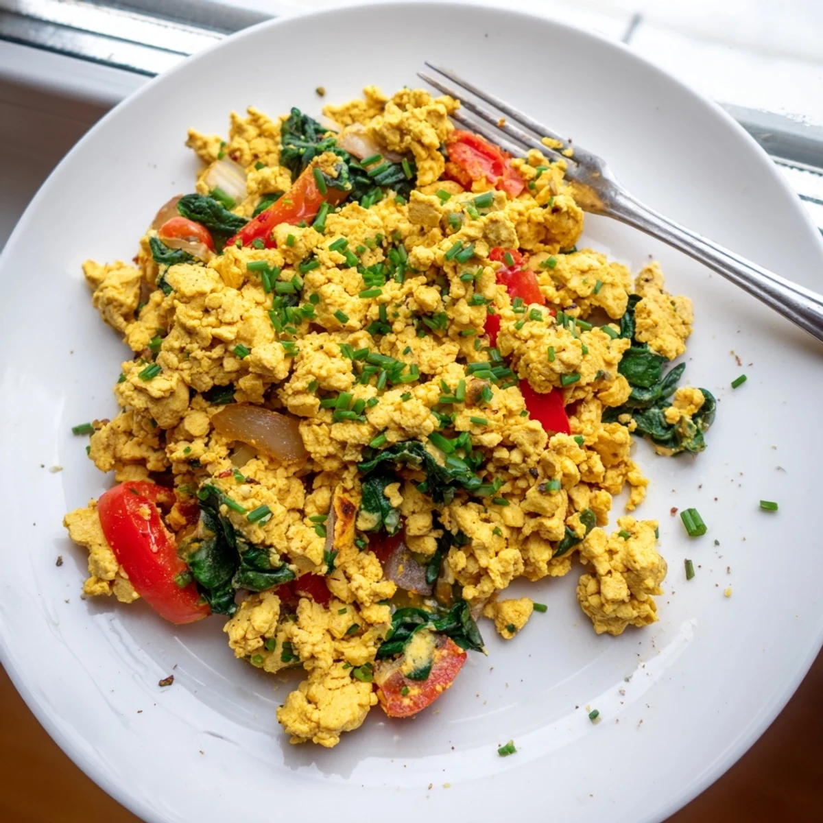 Fluffy tofu scramble with turmeric and red bell pepper, served hot on a rustic plate for breakfast.  