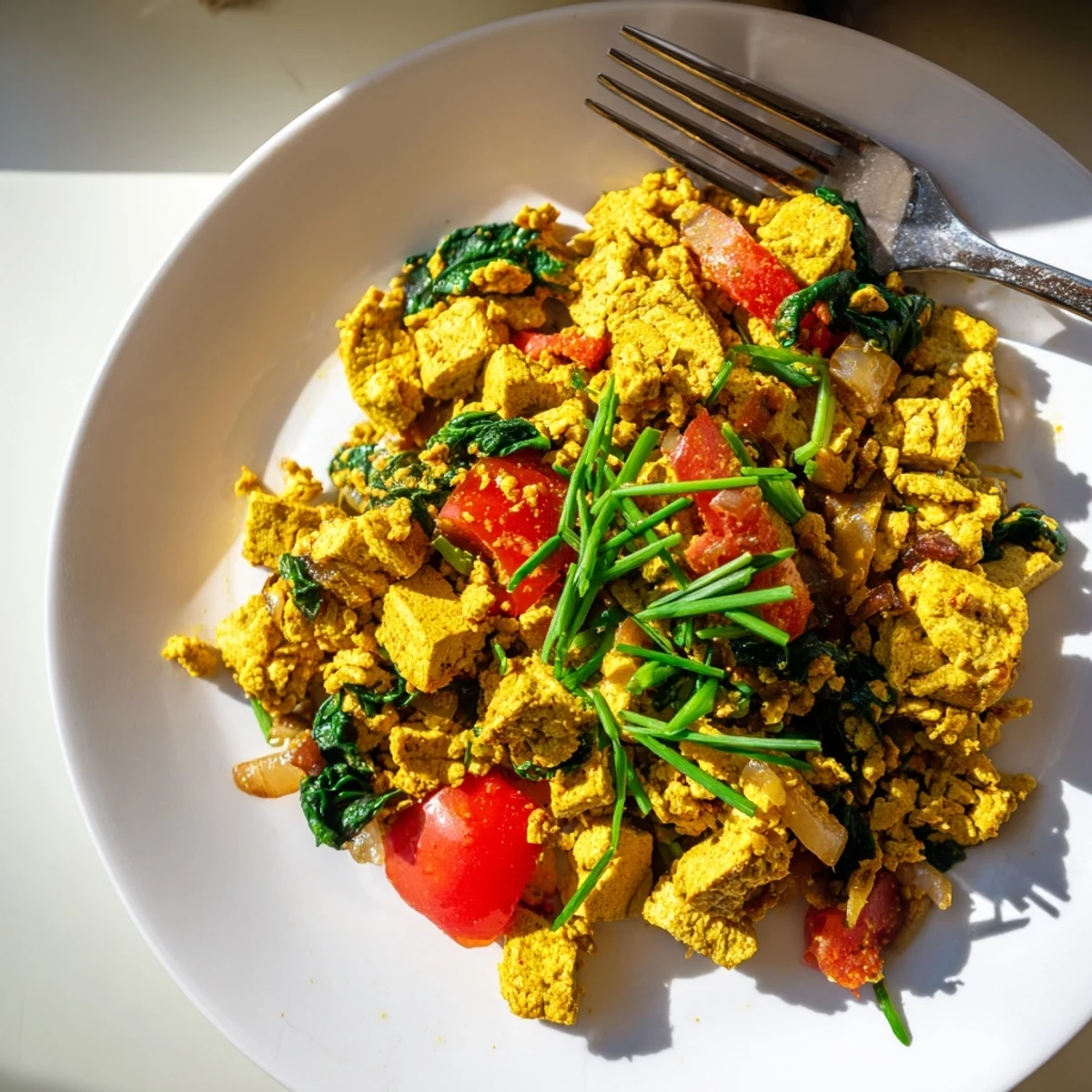 Close-up of golden tofu scramble in a skillet, featuring colorful vegetables and nutritional yeast for a savory flavor.