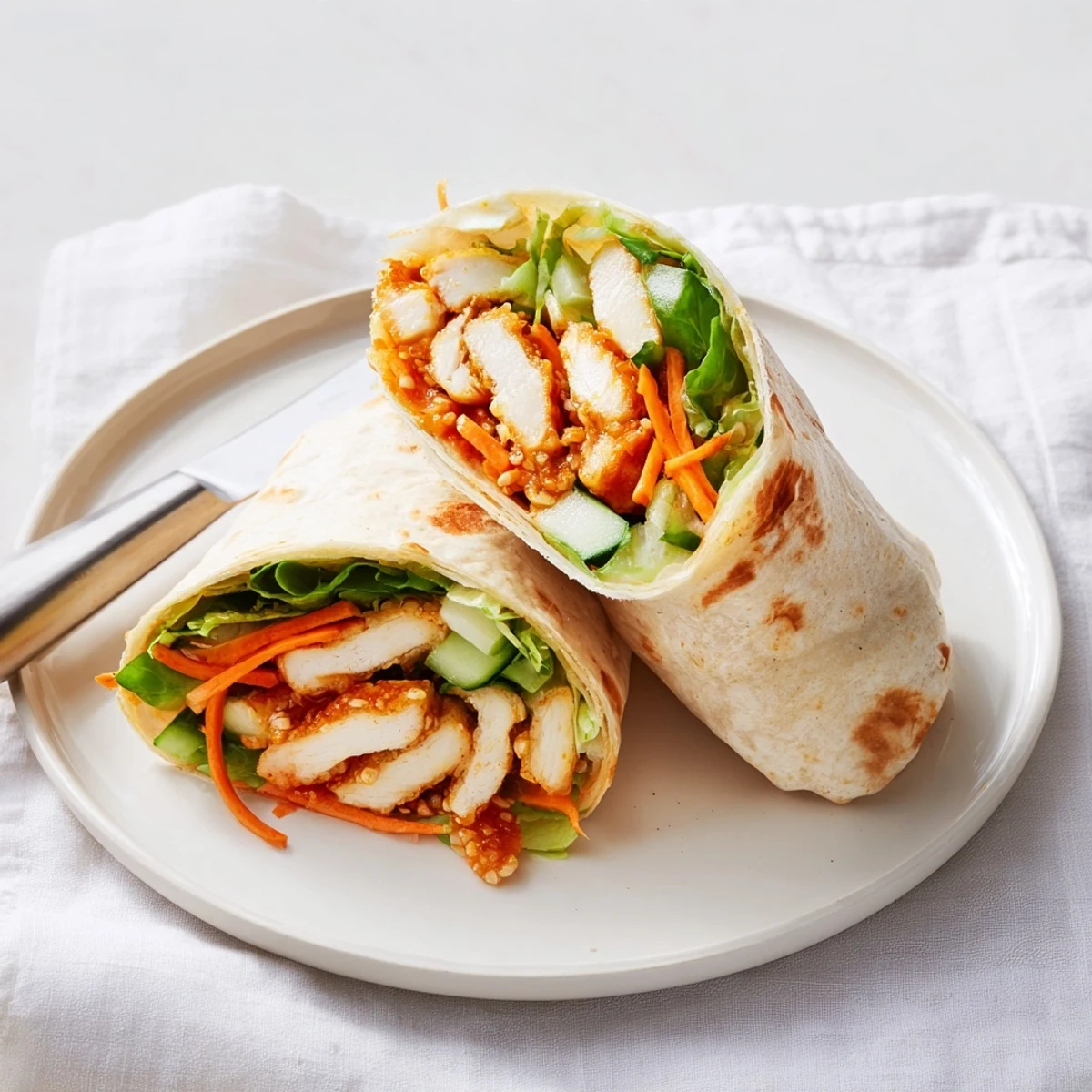 Sliced Honey Chili Crunch Chicken Wrap filled with crisp romaine, cucumber, shredded carrots, and scallions on a light background.