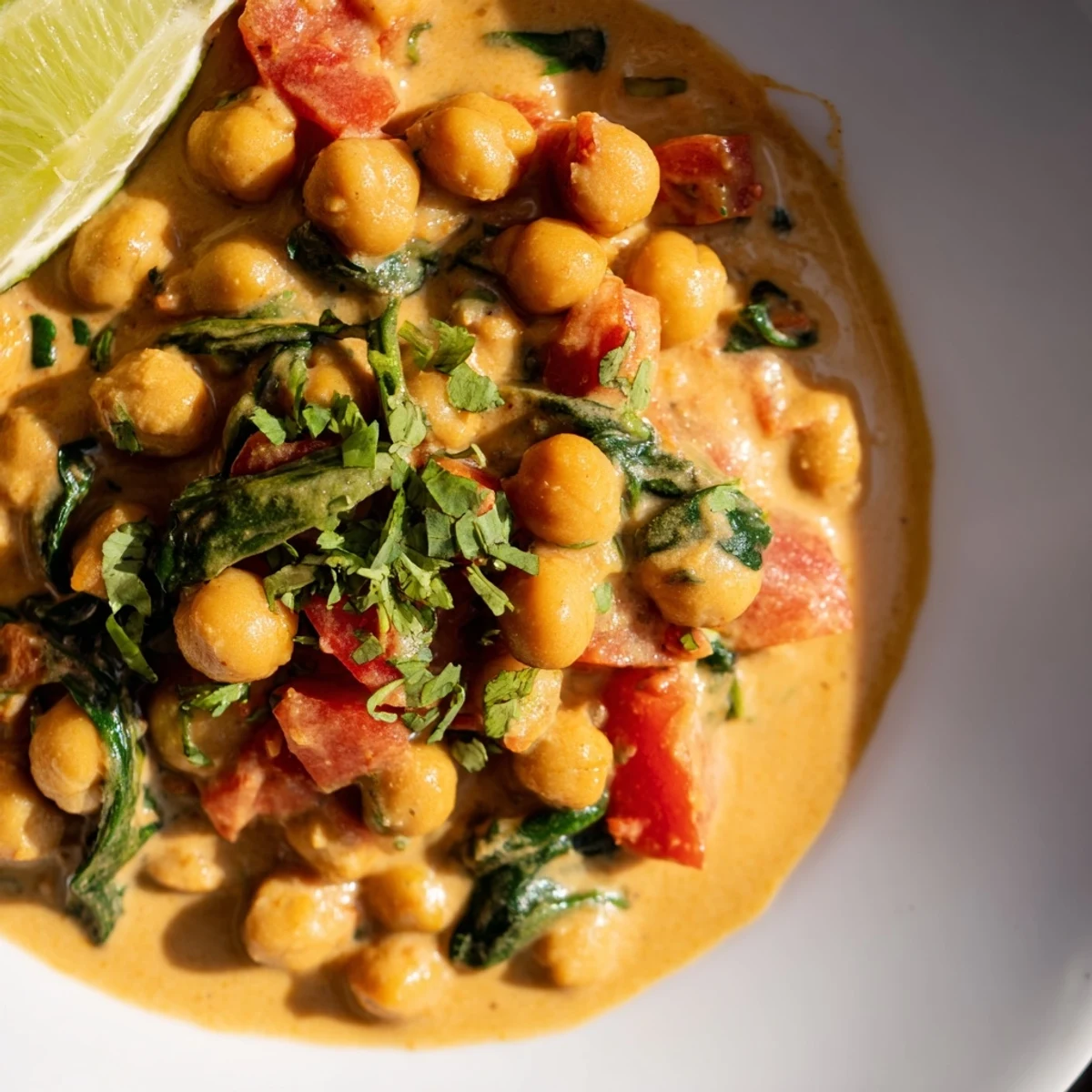 Chickpea Curry in a rustic bowl, simmered with aromatic spices and vibrant spinach, ready to be enjoyed.