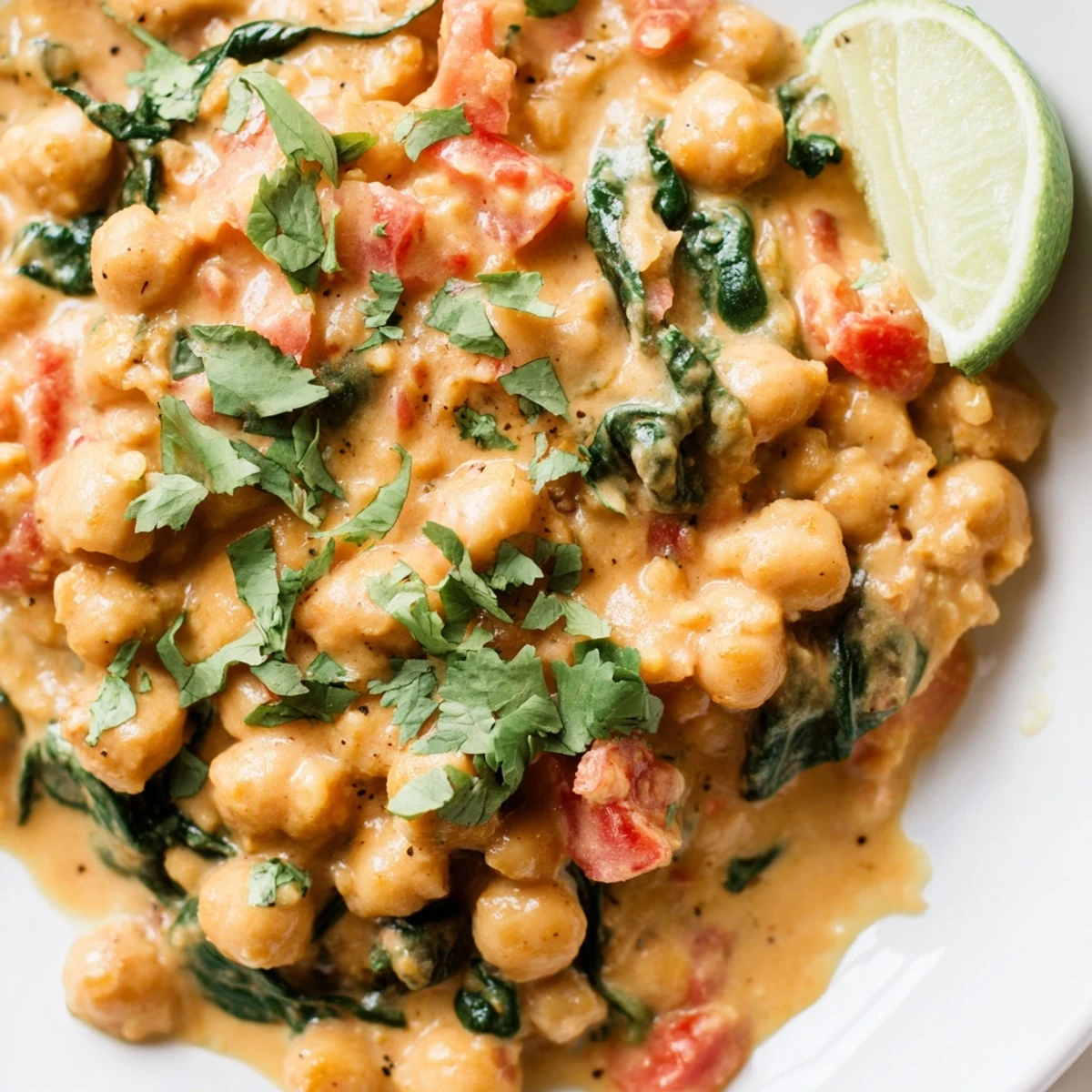 A steaming bowl of Chickpea Curry with creamy coconut sauce, fresh cilantro, and lime wedges for serving.