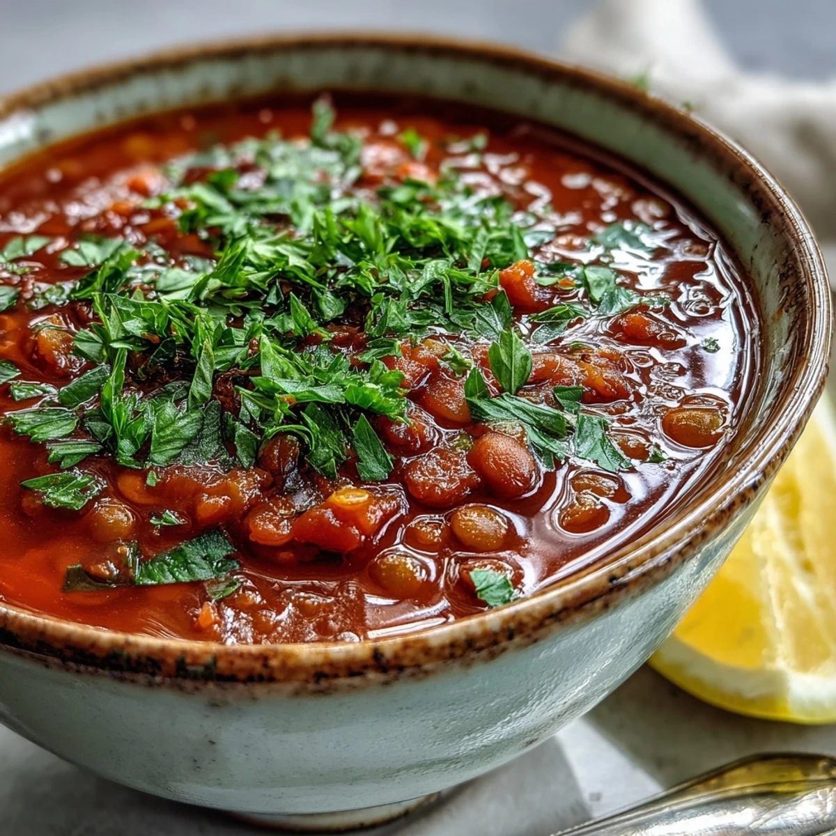 A hearty bowl of tomato lentil soup with a rich red broth, beside a slice of toasted bread.