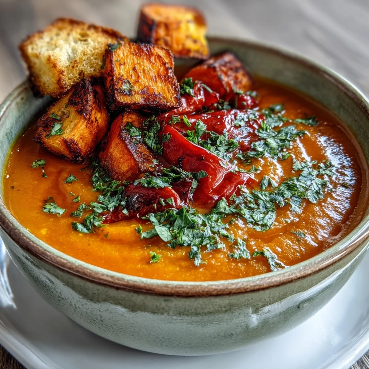Steaming bowl of Roasted Vegetable Soup with fresh parsley garnish on a rustic wooden table.