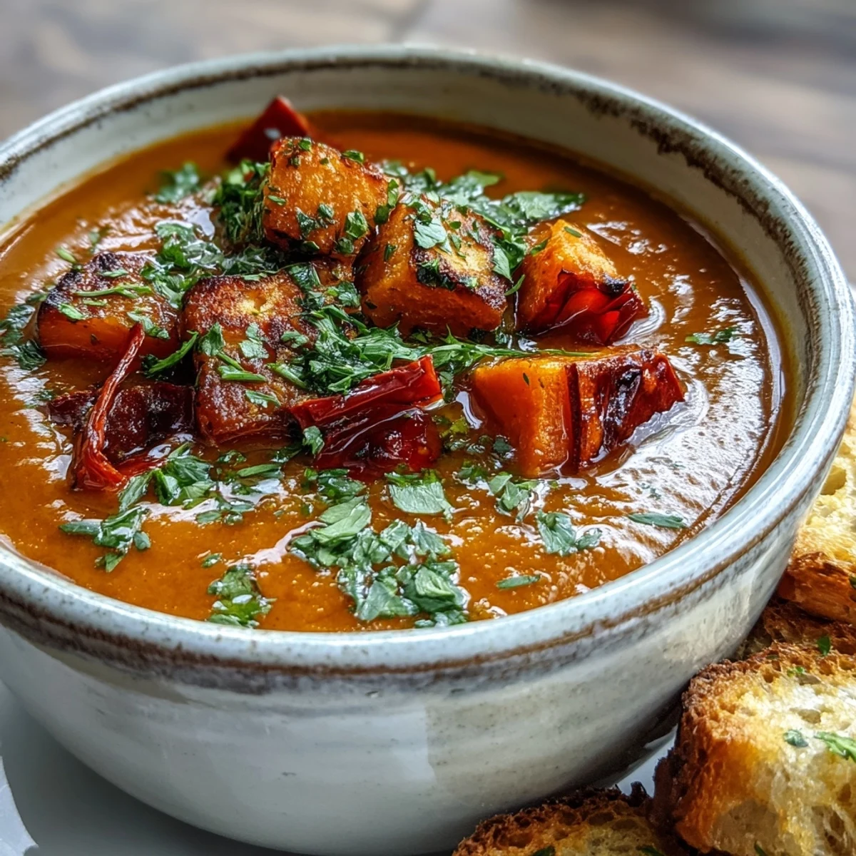 Creamy orange Roasted Vegetable Soup in a white bowl with a drizzle of olive oil.