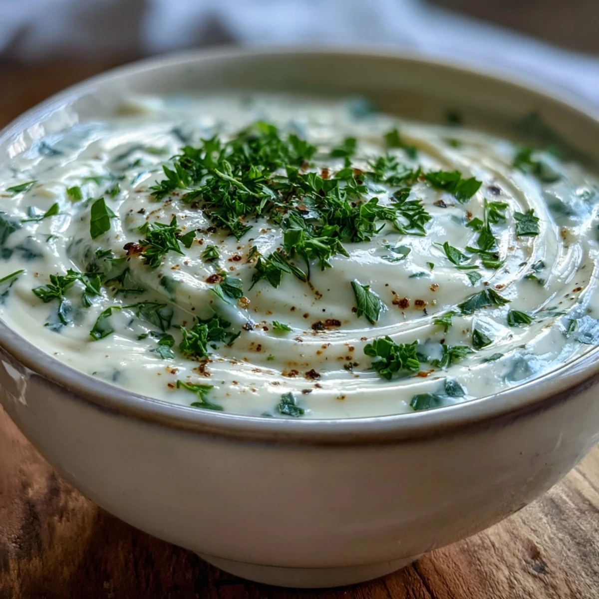 Steamed Creamy Celery and Herb Soup in a white bowl, flecked with green herbs and a drizzle of cream for richness.
