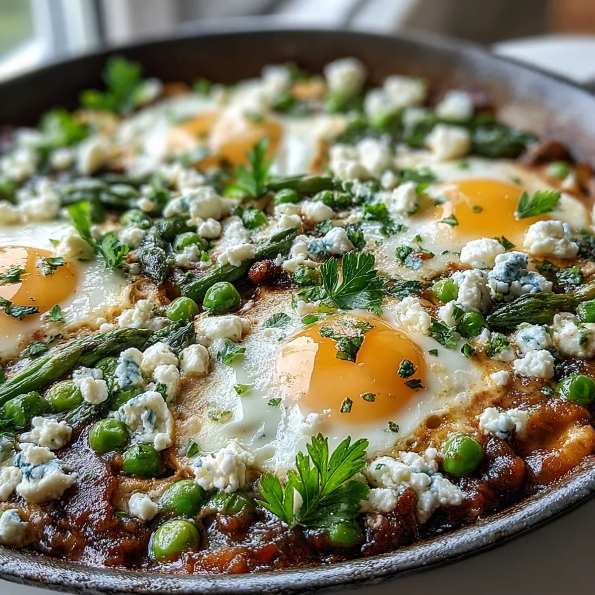 Top-down view of Pea and Broad Bean Shakshuka with cracked eggs nestled into a bed of spring vegetables, glistening olive oil and mint garnish, family-style pan serving.