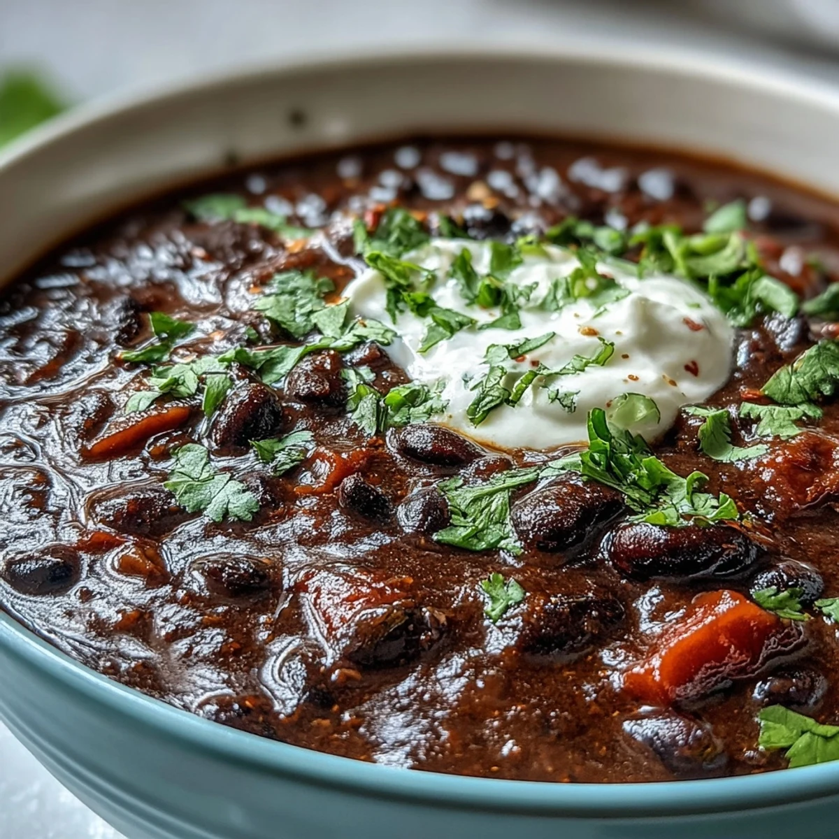 Hearty Black Bean Soup simmering in a pot with diced onions, carrots, and warming spices visible.