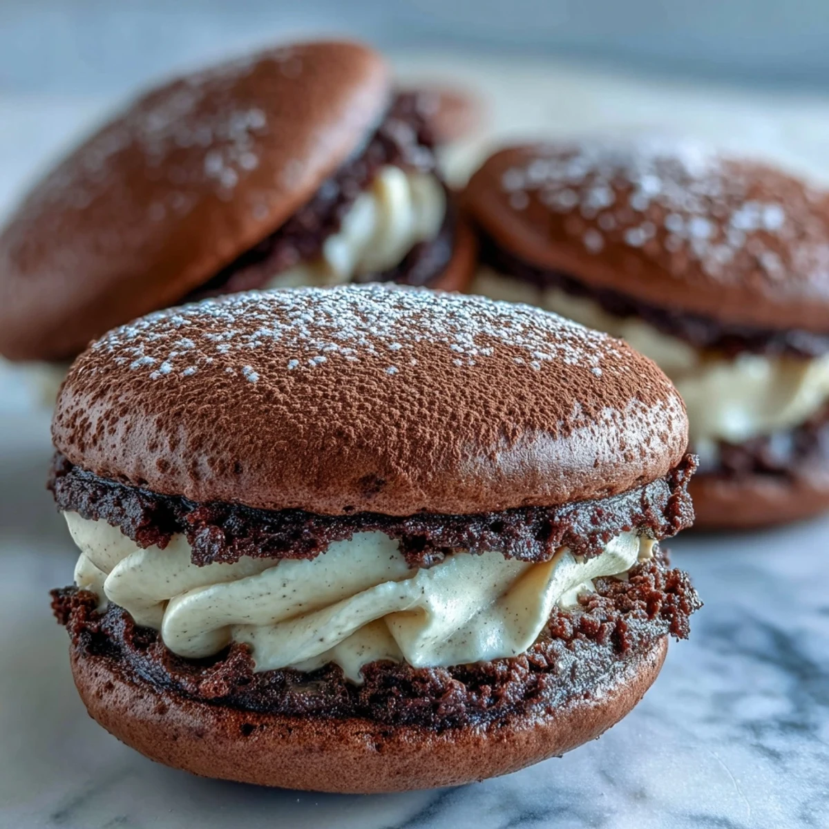 Two soft, cocoa-dusted Tiramisu Whoopie Pies with rich coffee mascarpone filling displayed on a white plate.