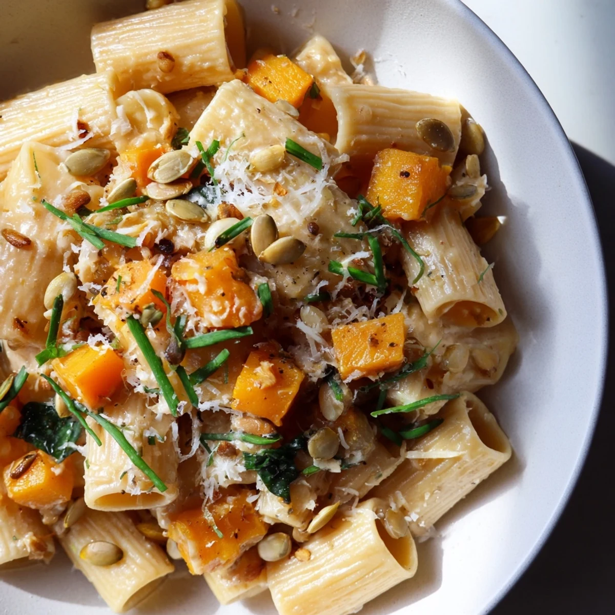Creamy Miso Fall Pasta with Roasted Squash topped with toasted seeds and fresh herbs.  
