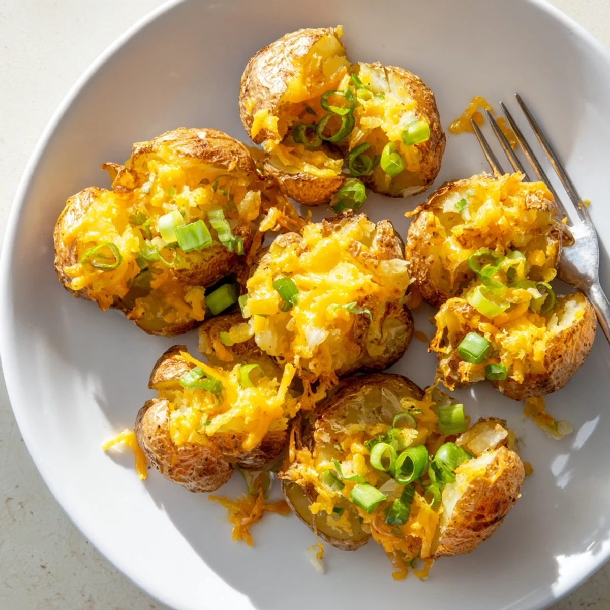 Crispy Smashed Green Onion Potato Bombs topped with melted cheese and herbs.