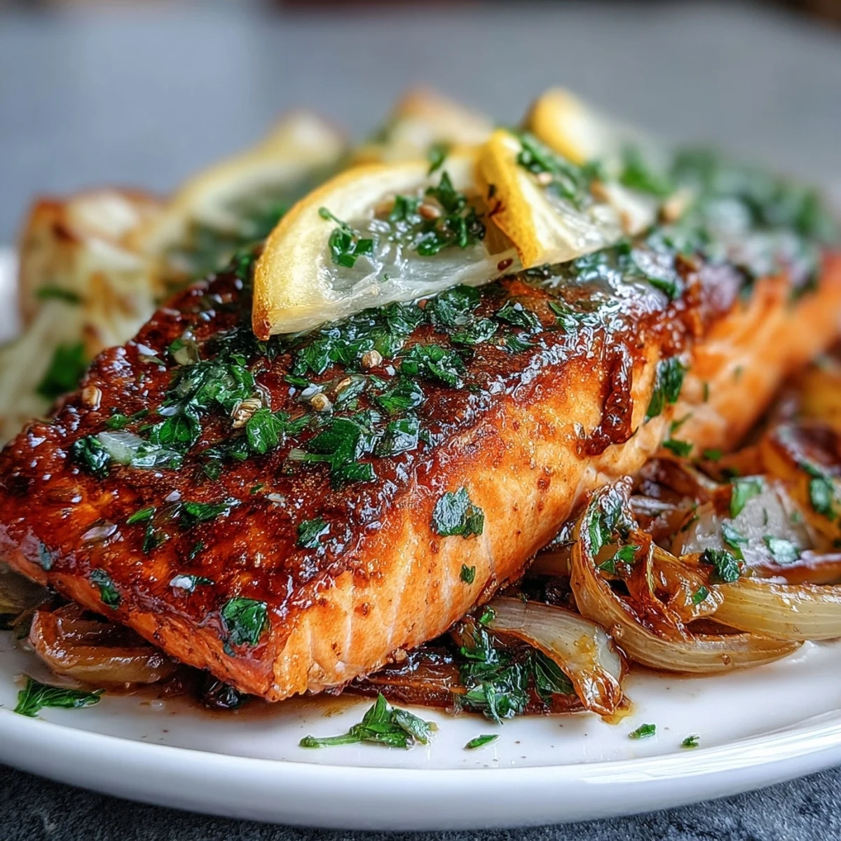 Golden-brown roasted salmon fillets nestled with tender leeks and red onions, drizzled with vibrant green parsley dressing.