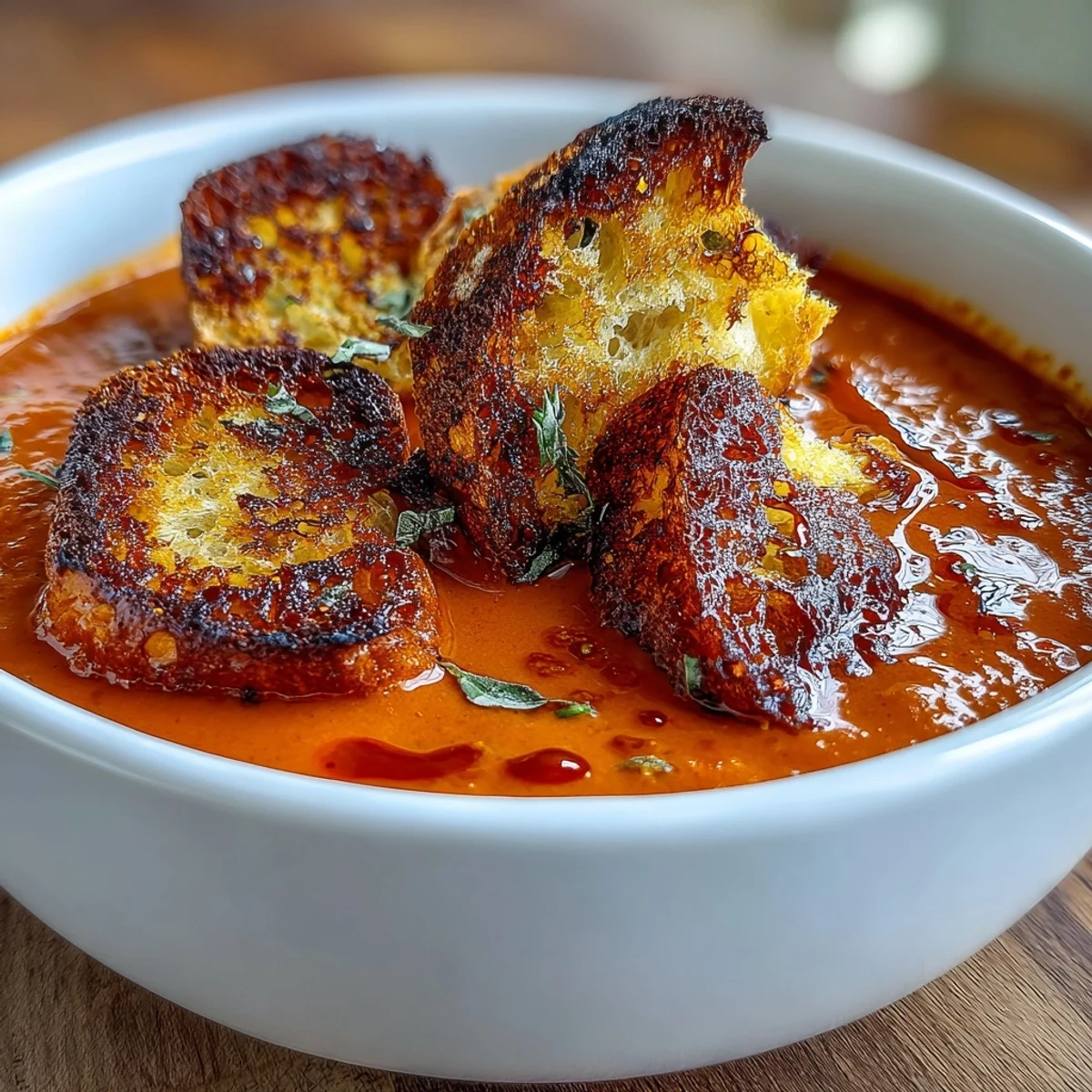 Vibrant orange Roasted Red Pepper Soup With Crispy Croutons in a rustic bowl, steam rising from the silky, blended soup. 
