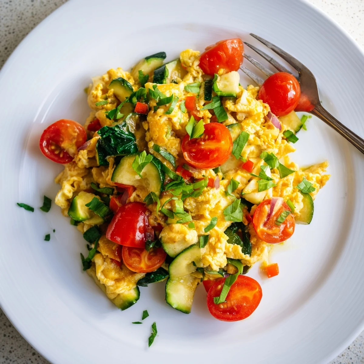 Hearty egg and vegetable scramble served alongside whole grain toast and creamy avocado slices, perfect for a nutritious American breakfast or brunch.  