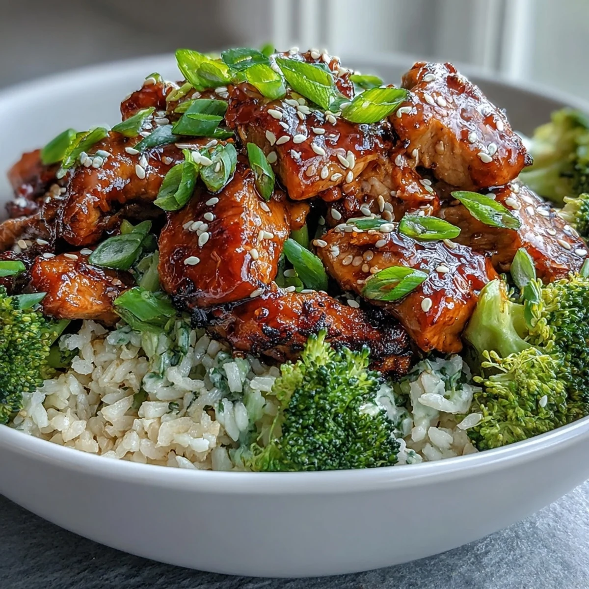 A close-up of Sweet and Spicy Turkey Broccoli Bowls, highlighting glossy turkey, bright green broccoli, and nutty brown rice glistening with honey-sriracha sauce.