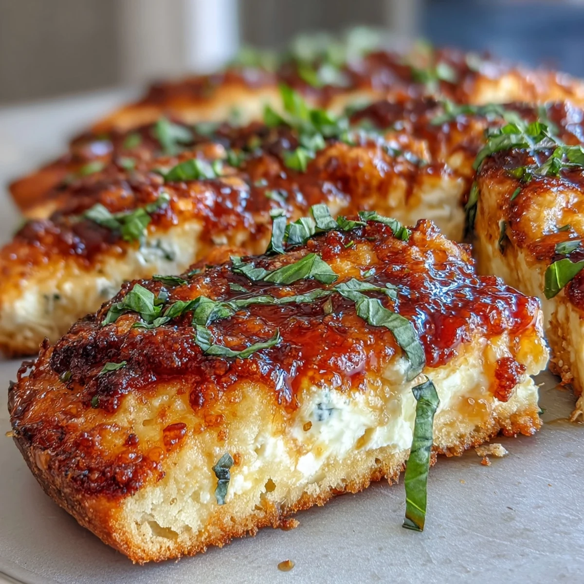 Slice of Hot Honey Ricotta Pizza showing bubbly mozzarella, ricotta swirls, and glossy spicy honey.