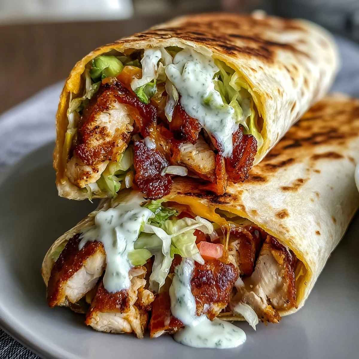 Freshly prepared Crispy Chicken Bacon Wrap resting in a skillet, with golden-seared chicken strips and smoky bacon tucked into a toasted tortilla.