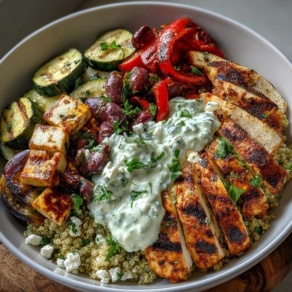 Golden-brown grilled chicken rests atop a bed of fluffy quinoa in a Healthy Grilled Mediterranean Bowl.