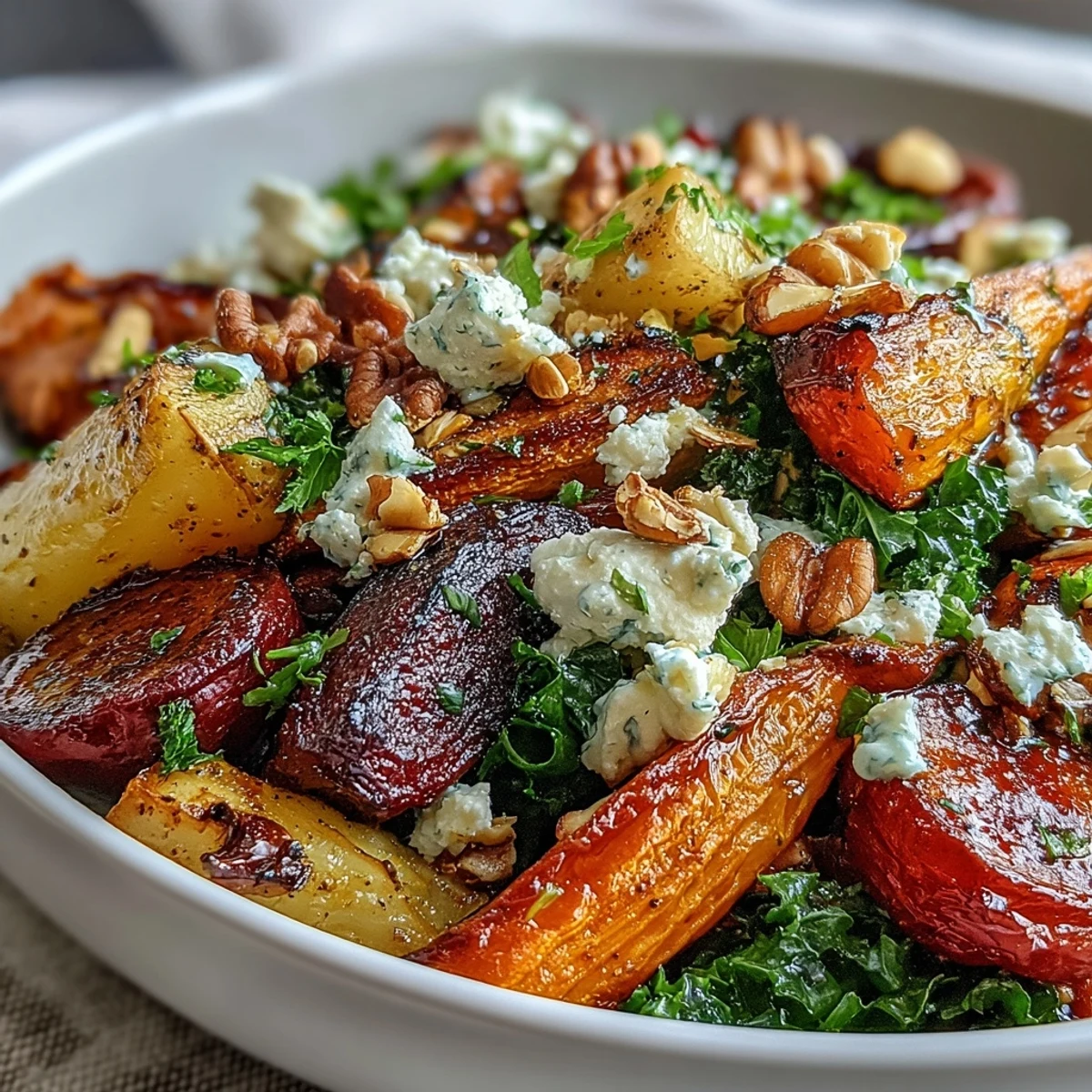 Steaming warm dressing is drizzled over a hearty Winter Root Vegetable Bowl, topped with crunchy pumpkin seeds and crumbled feta cheese.