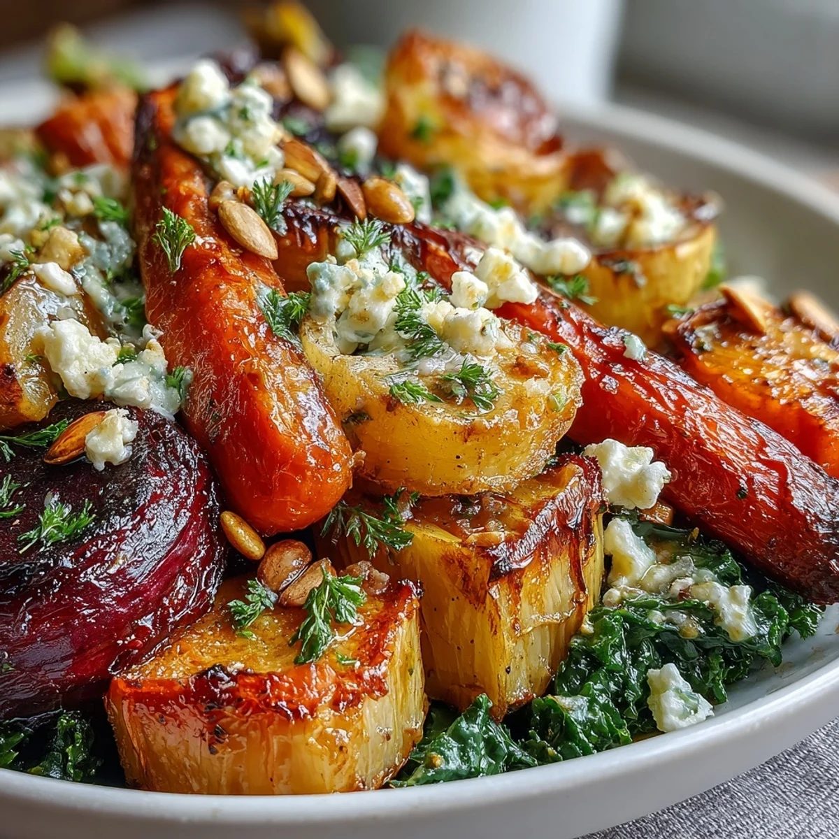 An inviting close-up of a nutritious Winter Root Vegetable Bowl, showcasing colorful roasted vegetables and a vibrant green kale base.
