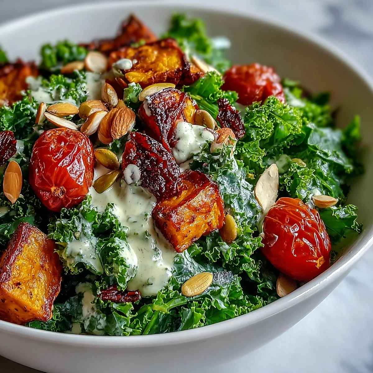 Vibrant Kale Salad Bowl with massaged kale, roasted sweet potato, bell pepper, and zucchini, topped with crunchy nuts and creamy tahini dressing.