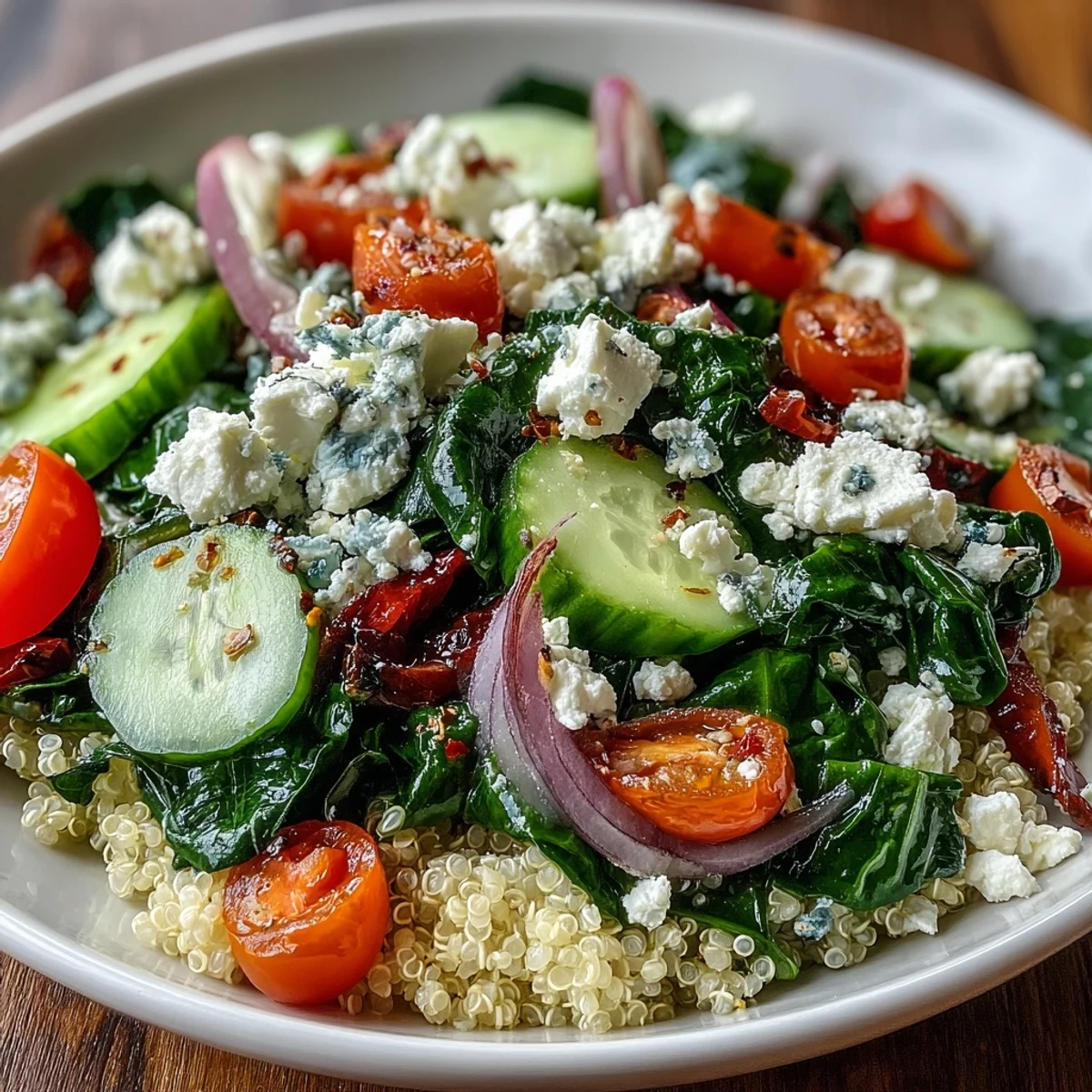 Warm Spinach and Feta Grain Bowl with lemon dressing and toasted pine nut garnish.
