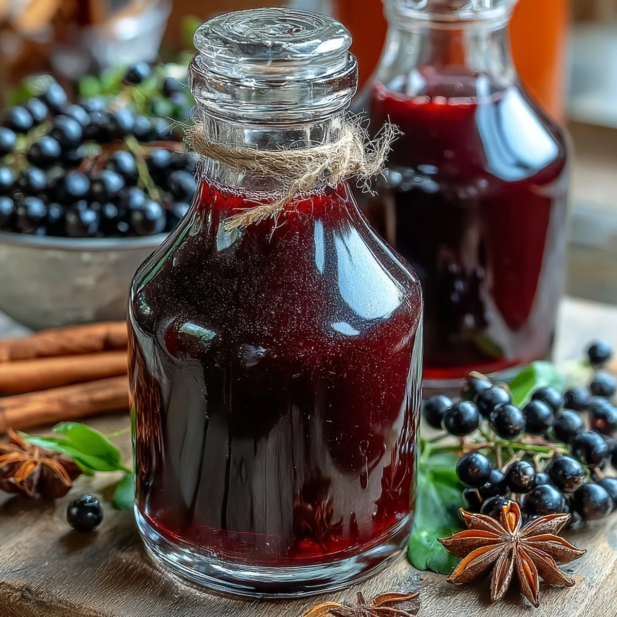 Glasses of Homemade Spiced Blackcurrant Vodka Liqueur served chilled over clear ice cubes. 