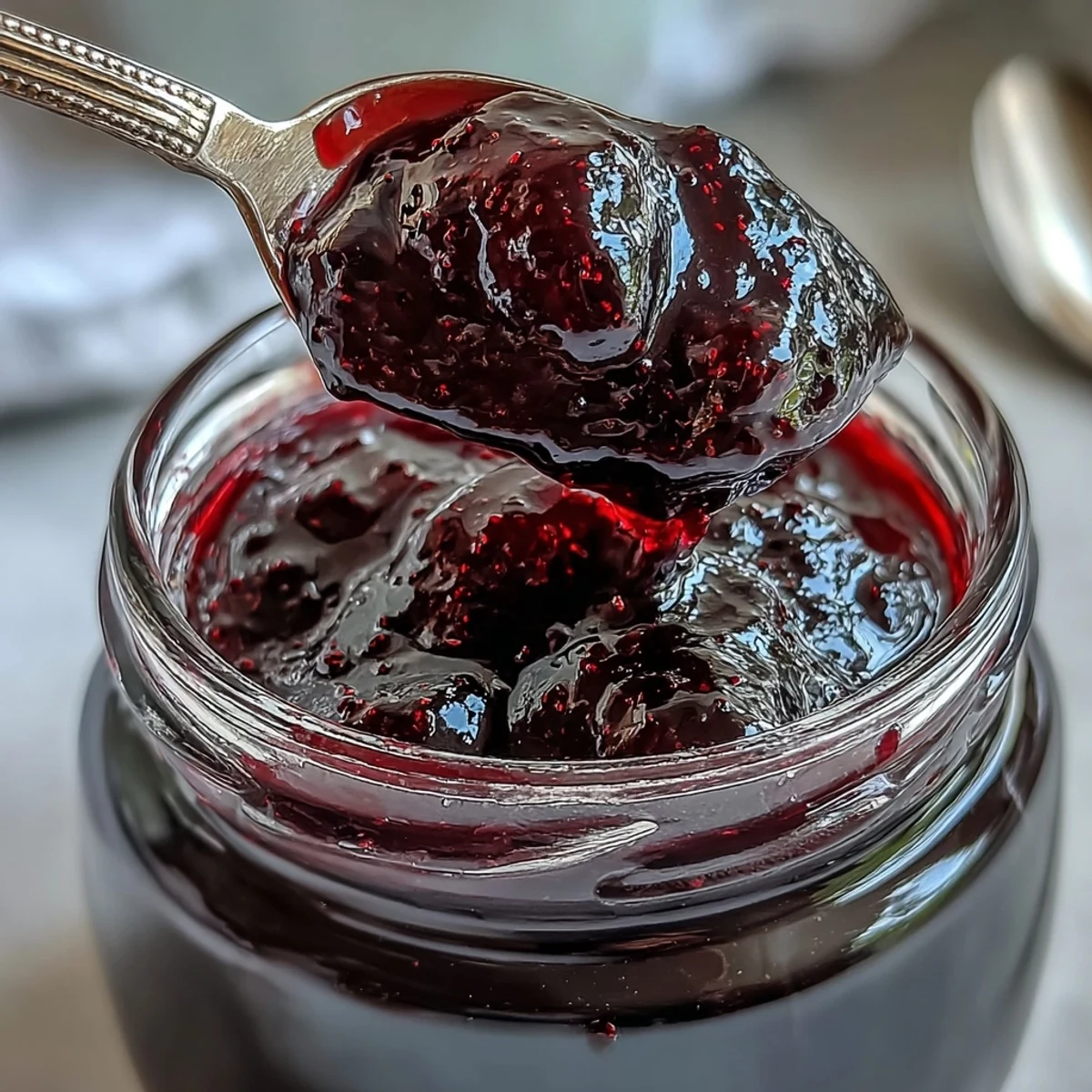 Glistening black currant jelly is spooned from a clear jar onto a warm buttered toast slice, showcasing its perfect spreadable consistency.
