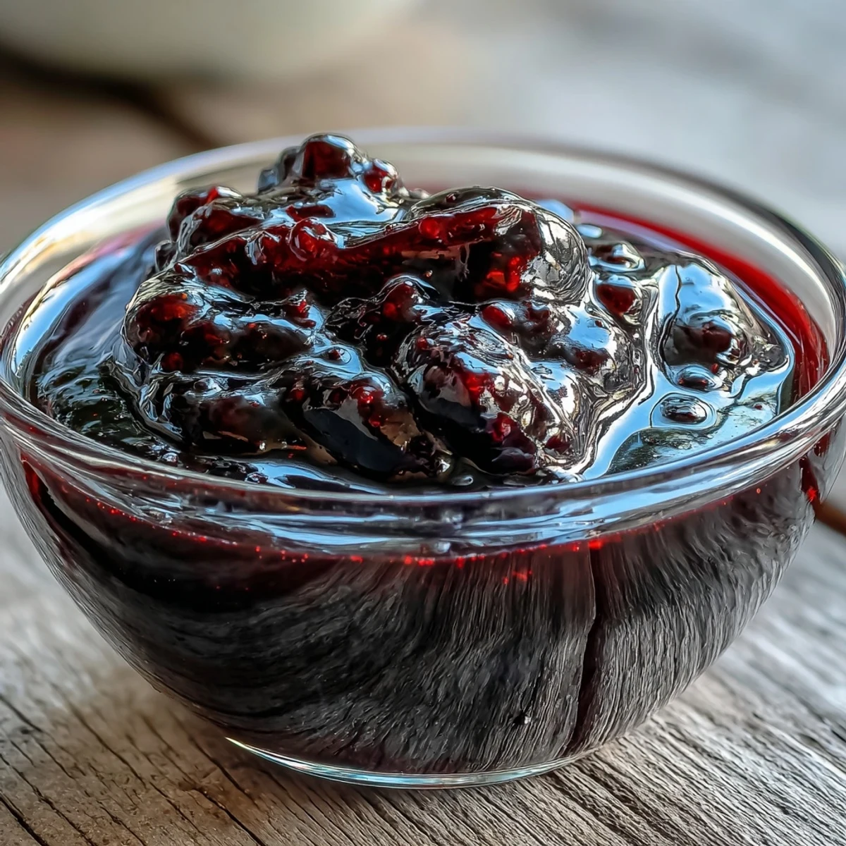 Glossy black currant sauce drizzled over creamy vanilla ice cream in a white bowl, featuring vibrant purple hues and a sweet-tart aroma.