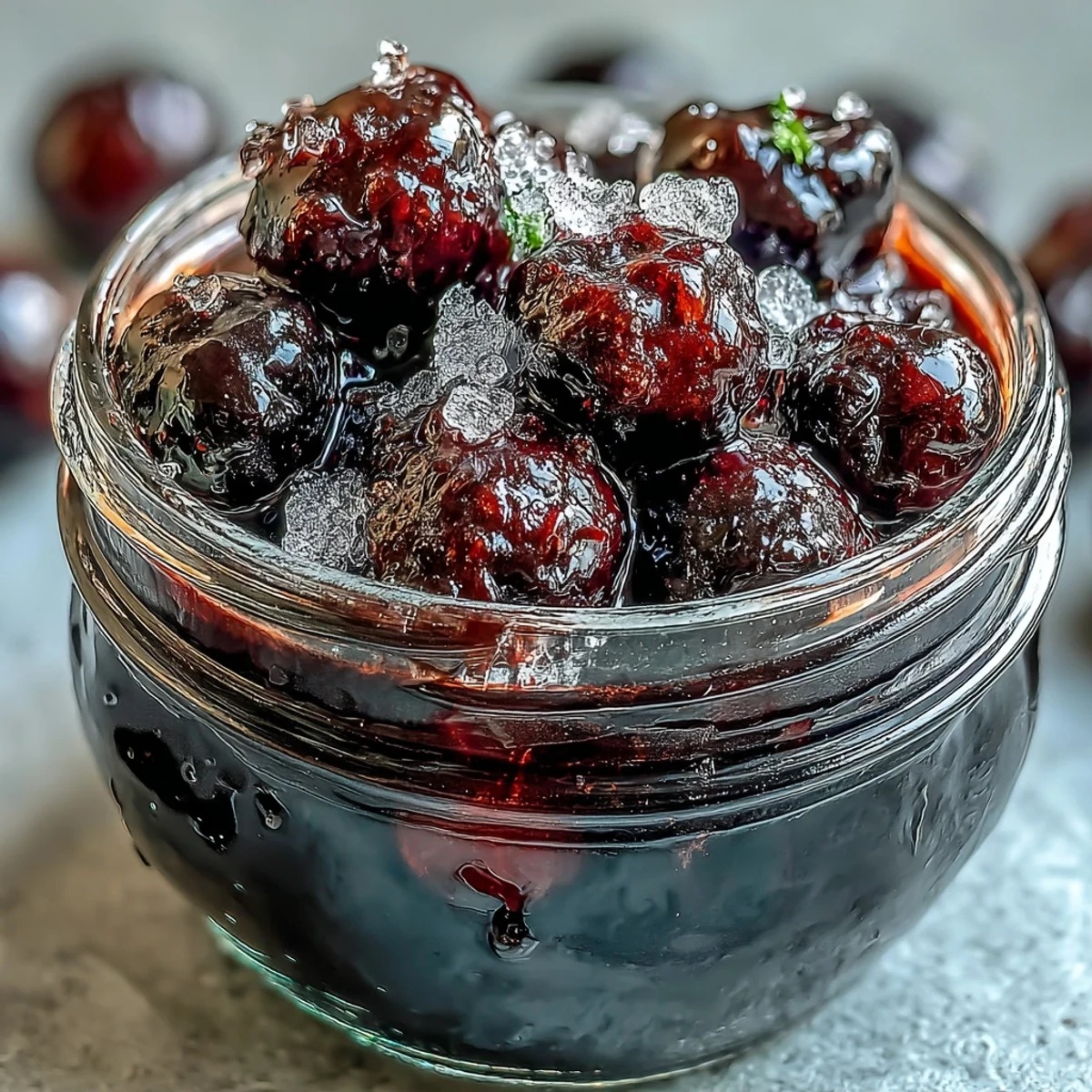 Deep ruby-red Easy Blackcurrant Liqueur is poured into a cocktail glass, garnished with a fresh blackcurrant sprig. 