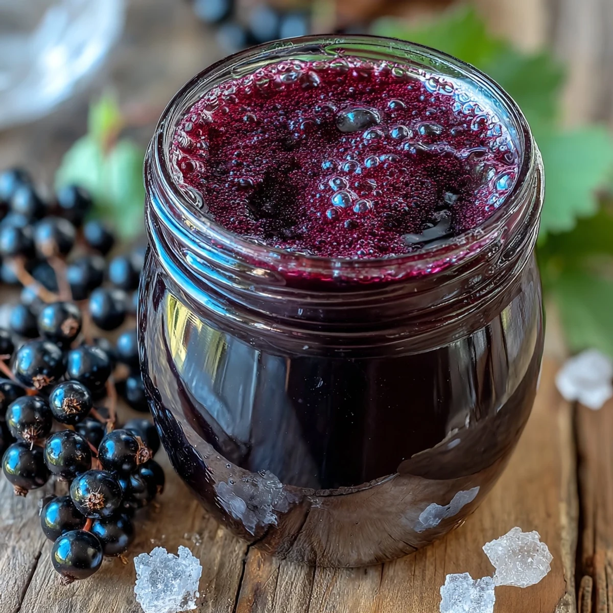 A chilled glass of Black Currant Shrub mixed with sparkling water over ice, garnished with fresh currants, offering a vibrant purple hue and a refreshing look.