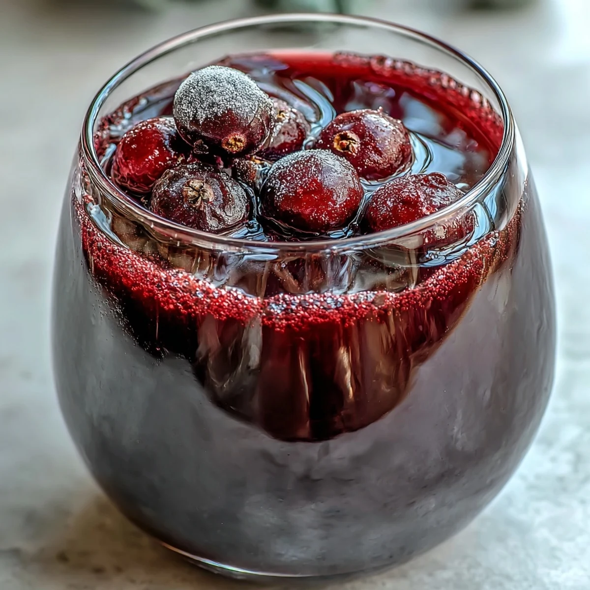 A clear glass bottle filled with homemade Crème de Cassis sits next to the fresh blackcurrant ingredients. 