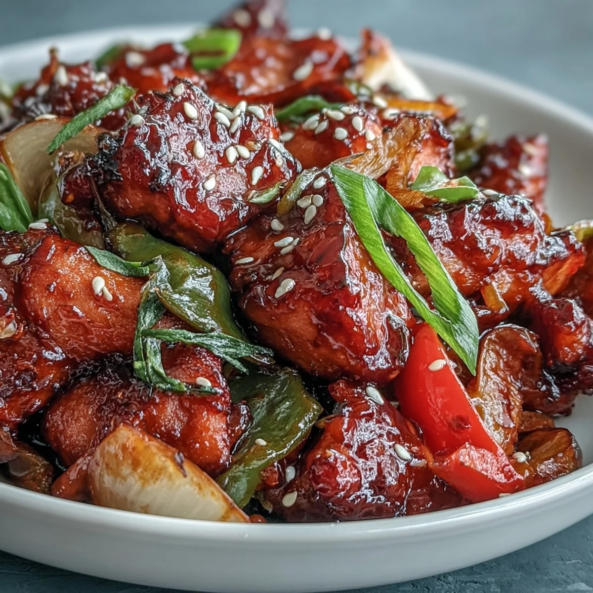 Golden-brown Spicy Sweet Chicken Diablo served over fluffy jasmine rice, garnished with green onions and sesame seeds for a complete weeknight dinner.
