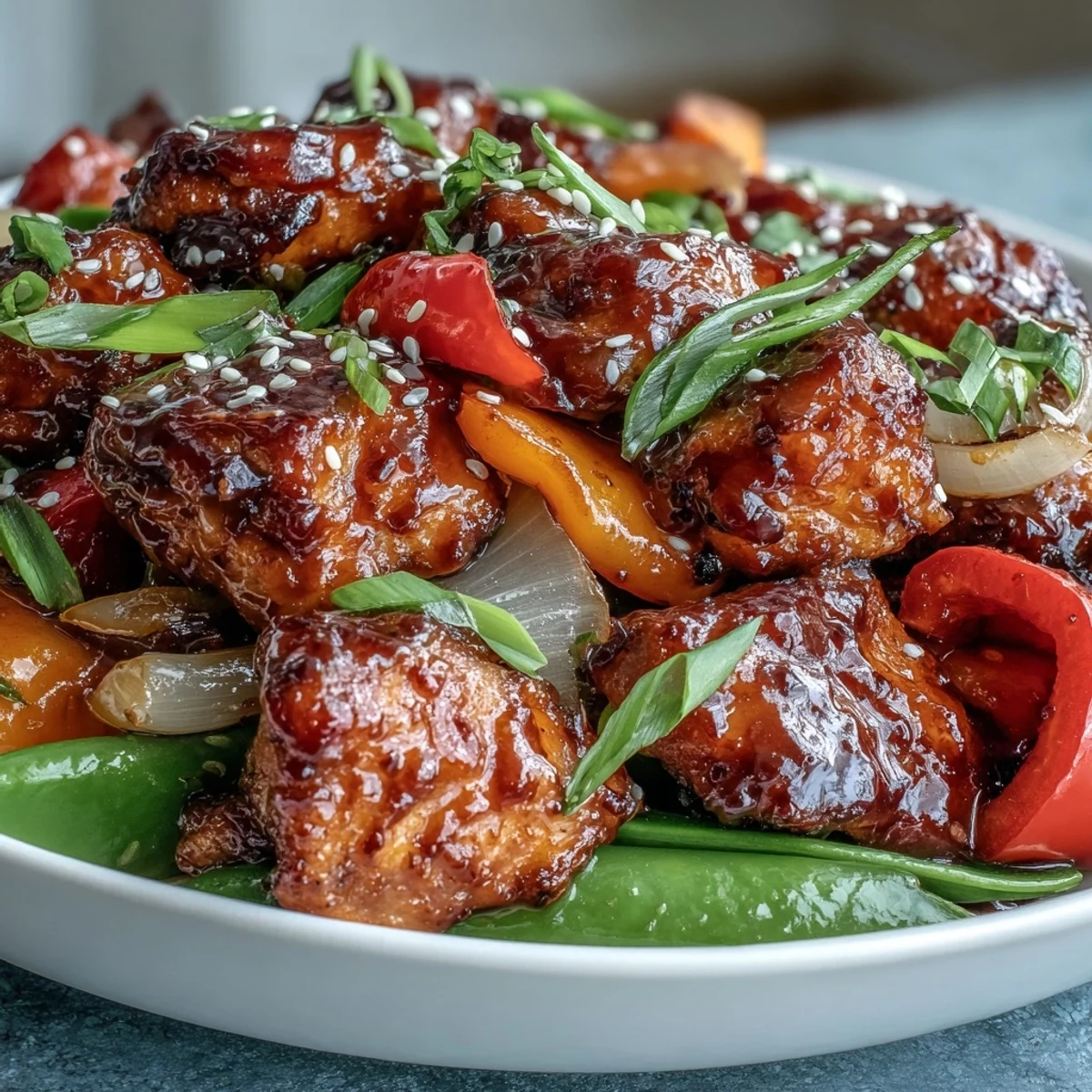 Vibrant bell peppers and snap peas tossed in sticky Spicy Sweet Chicken Diablo sauce inside a hot skillet, steam rising from the colorful stir-fry.