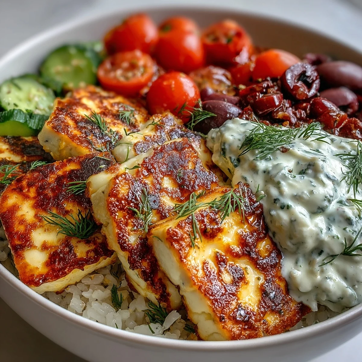 A close-up of the Greek Halloumi Power Bowl featuring golden halloumi, fresh dill, and vibrant tomatoes.
