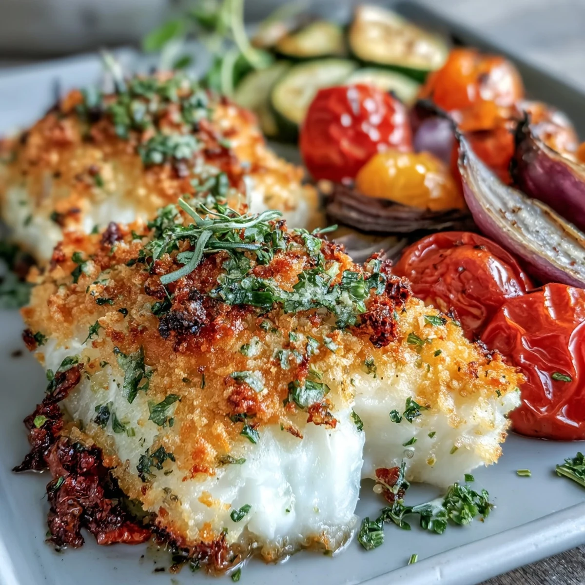 Golden-brown Parmesan Crusted Sheet Pan Fish & Veg with roasted cherry tomatoes and peppers on a tray.